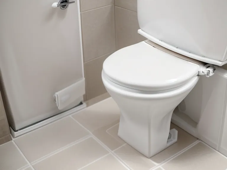 Inodoro adaptado con elevador de plástico y barral de seguridad lateral en un baño familiar.