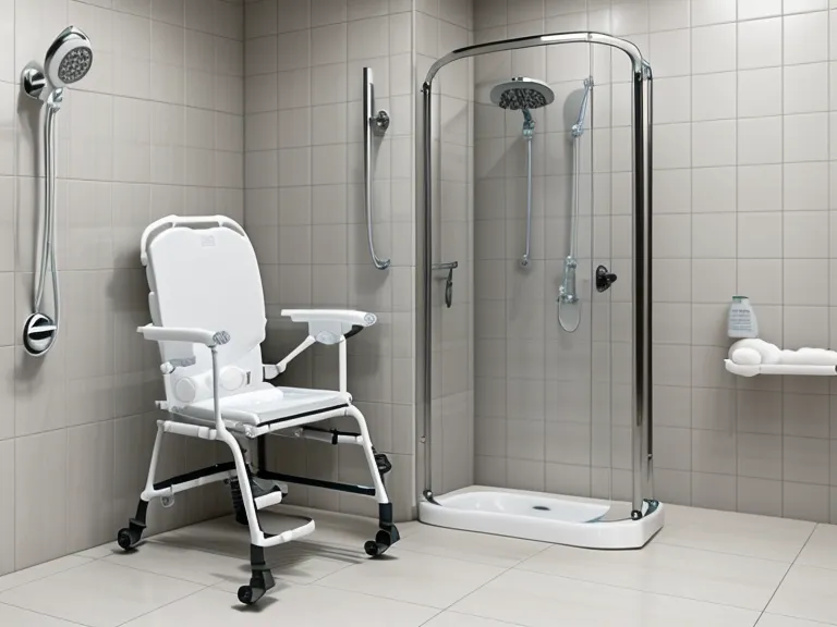 Silla de ducha y cintas antideslizantes instaladas en un baño para evitar caídas de ancianos.