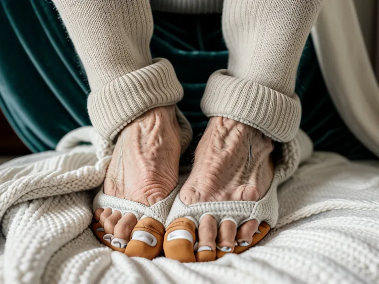 Pies de un adulto mayor descansando sobre un banquito tras el corte de uñas, un gesto de salud del adulto mayor